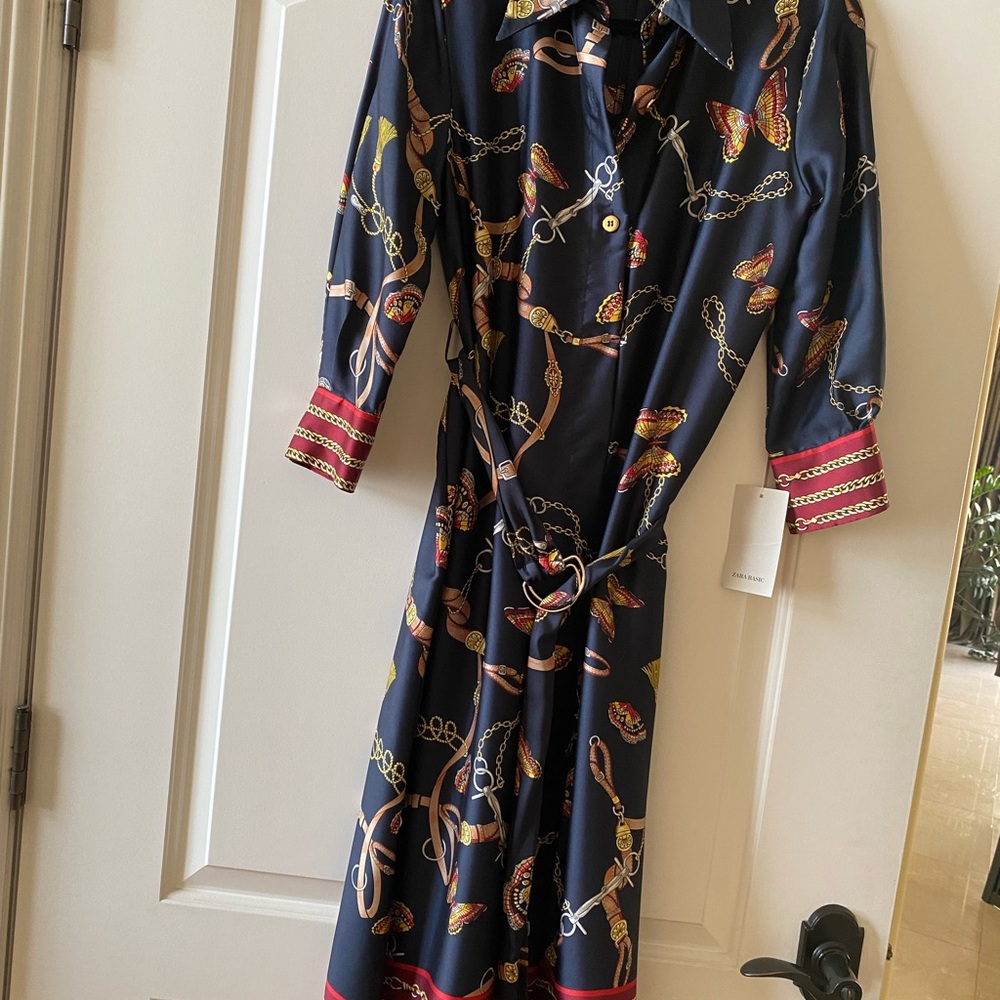 Zara Navy and Red Patterned Long Sleeve Dress. Size small